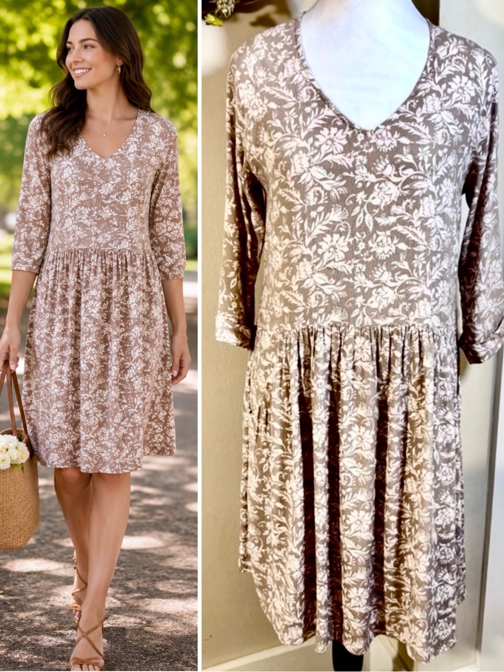 Garnet Hill Taupe Floral Drop Waist  Dress 3/4 Sleeves Pockets Size 6💛